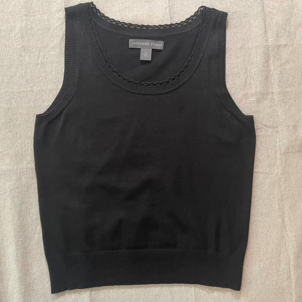 Josephine Chaus | Black Silk Blend Lace Trim Knit Sleeveless Top | Small